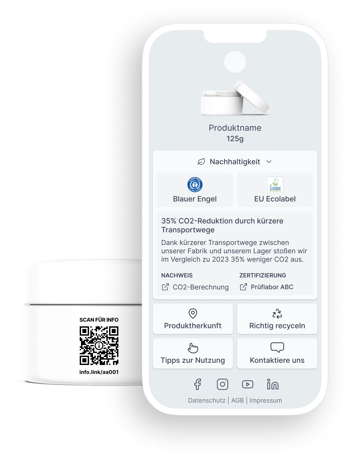 Bild von Produkt mit QR-Code und rechtskonformer info.link Seite auf einem Smartphone